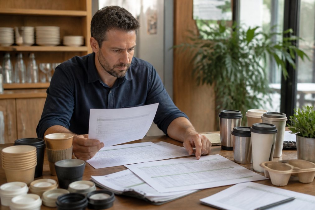 Cafe owner reviewing wholesale pricing documents and cost comparison spreadsheets at desk, surrounded by samples of reusable cups and compostable lids, natural office lighting