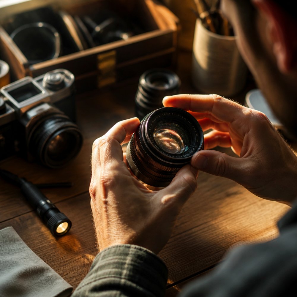 Close-up of hands holding a vintage camera lens under soft window light, inspecting the glass element for scratches and dust with a small torch nearby on a wooden desk