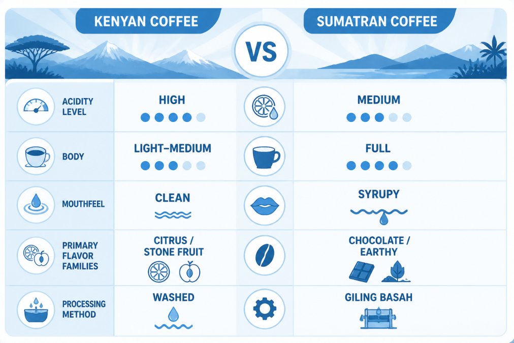 Comparison chart detailing acidity, body, mouthfeel, and processing differences between two coffee varieties.