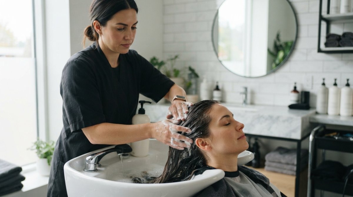 Person carefully applying sulfate-free shampoo to treated hair in a modern bathroom with soft lighting, using a gentle massage technique