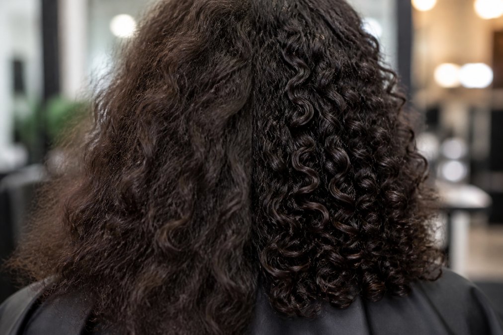Close-up of curly hair texture showing defined ringlets with moisture and shine, contrasted with the same hair type appearing frizzy and undefined