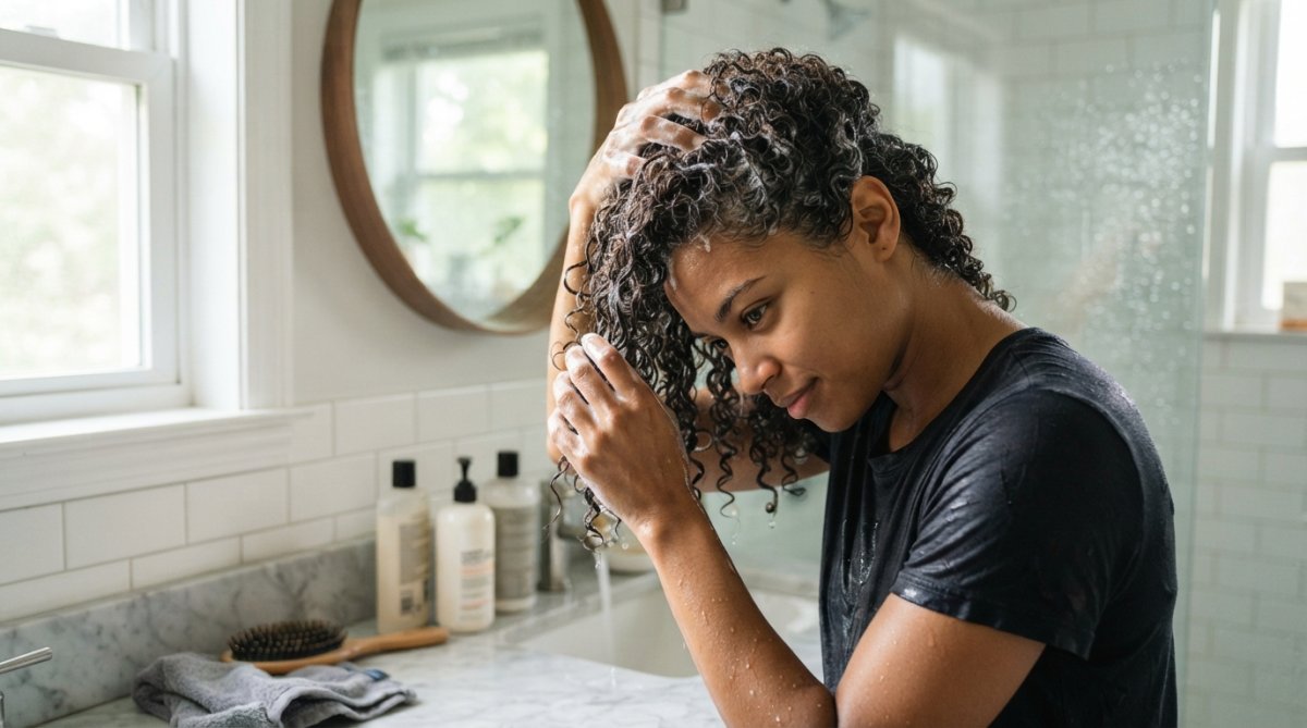 Person applying sulfate-free shampoo to wet, textured curly hair in a bright bathroom with natural sunlight, water droplets visible
