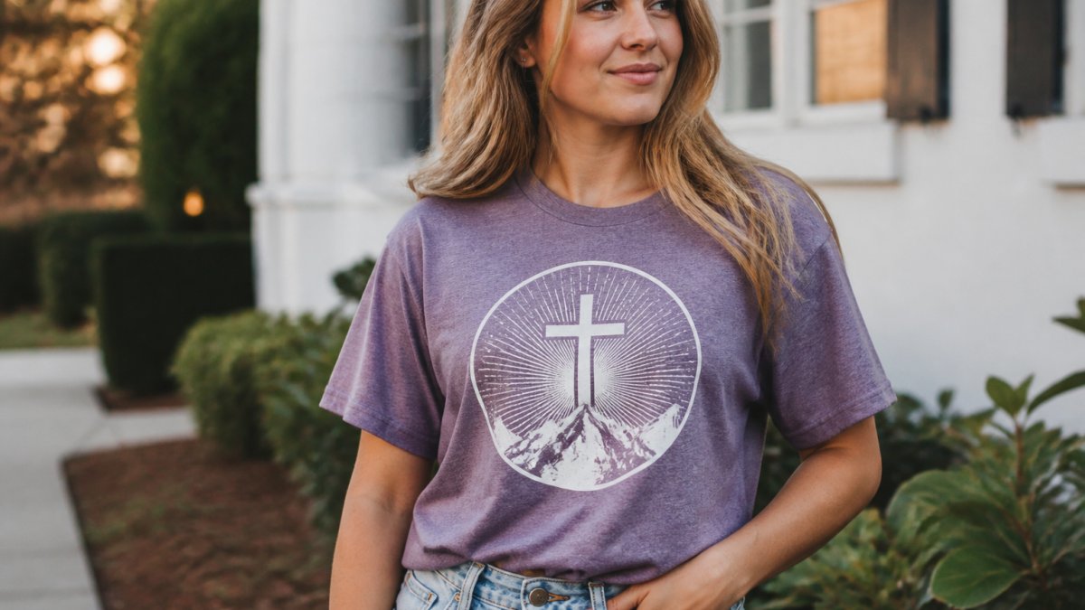 Person wearing a Christian graphic t-shirt with bold Bible verse design, styled for everyday casual wear, showing fit and comfort in natural lighting