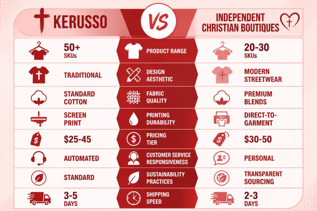 Comparison matrix showing Kerusso vs independent Christian boutiques across product range (50+ SKUs vs 20-30 SKUs), design aesthetic (traditional vs modern streetwear), fabric quality (standard cotton vs premium blends), printing durability (screen print vs direct-to-garment), pricing tier ($25-45 vs $30-50), customer service responsiveness (automated vs personal), sustainability practices (standard vs transparent sourcing), and shipping speed (3-5 days vs 2-3 days)