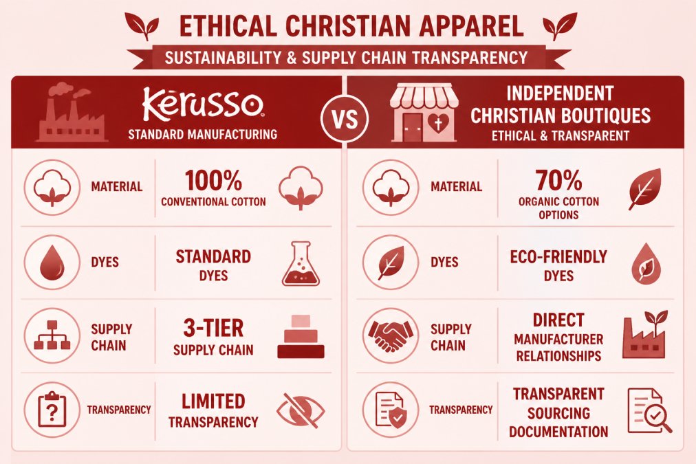Sustainability comparison showing Kerusso standard manufacturing (100% conventional cotton, standard dyes, 3-tier supply chain) versus independent boutiques (70% organic cotton options, eco-friendly dyes, direct manufacturer relationships, transparent sourcing documentation)