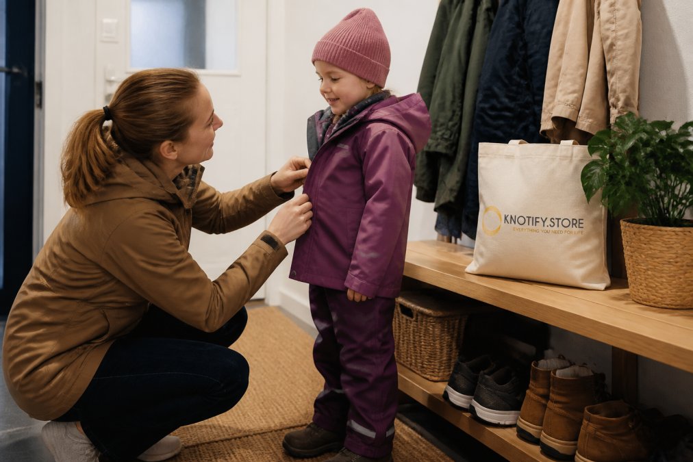 Lapsi pukee päälle välikausivaatteita ja kuoritakkia ulkoiluun, vanhempi auttaa vetoketjun kanssa eteisessä