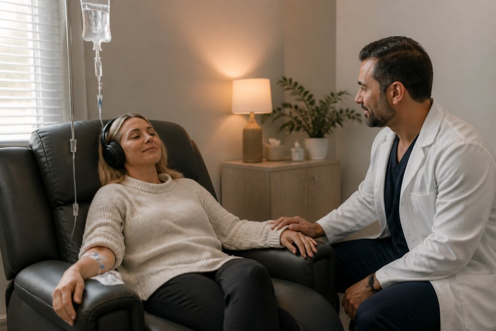A calm, modern medical treatment room with a comfortable recliner, soft lighting, and a physician checking on a relaxed patient receiving an IV infusion