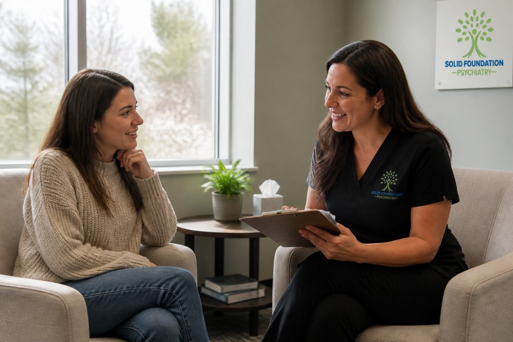 A patient sitting comfortably in a calm, modern psychiatric clinic room, talking with a compassionate clinician who is reviewing a treatment plan on a clipboard, soft natural light through the window