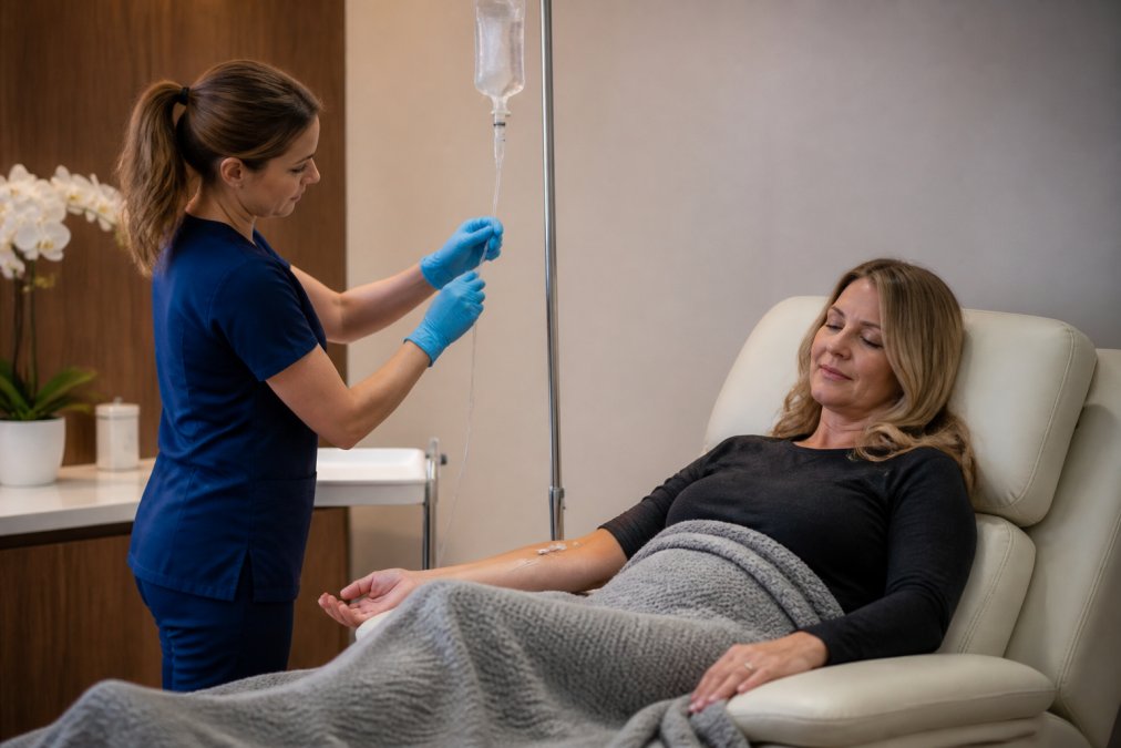 A calm, private medical infusion room with a comfortable reclining chair, IV pole, and soft lighting; a nurse in scrubs adjusts an IV line while a middle-aged patient rests under a blanket, appearing relaxed and monitored in a clean, modern clinical setting