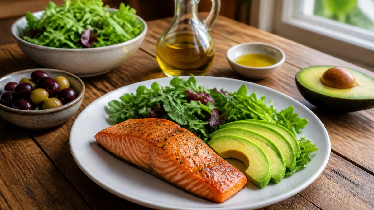 Infographic meal plan for a keto metabolic reset featuring salmon, avocado, and greens on a wooden table