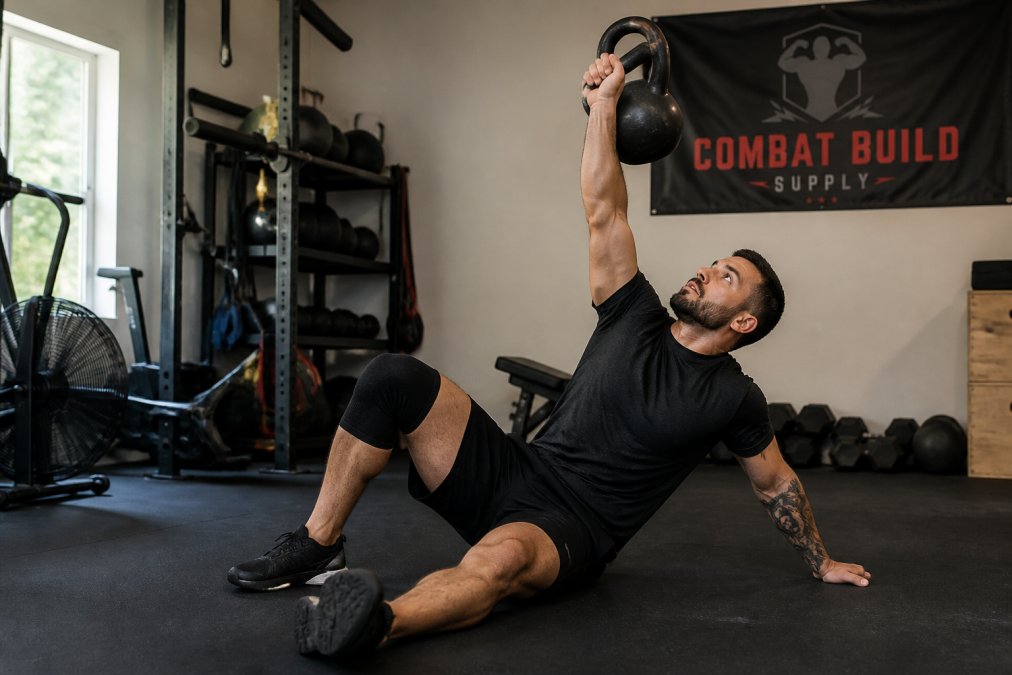 Fighter performing kettlebell Turkish get-up in a home gym, demonstrating core engagement and rotational control with proper overhead positioning and focused expression