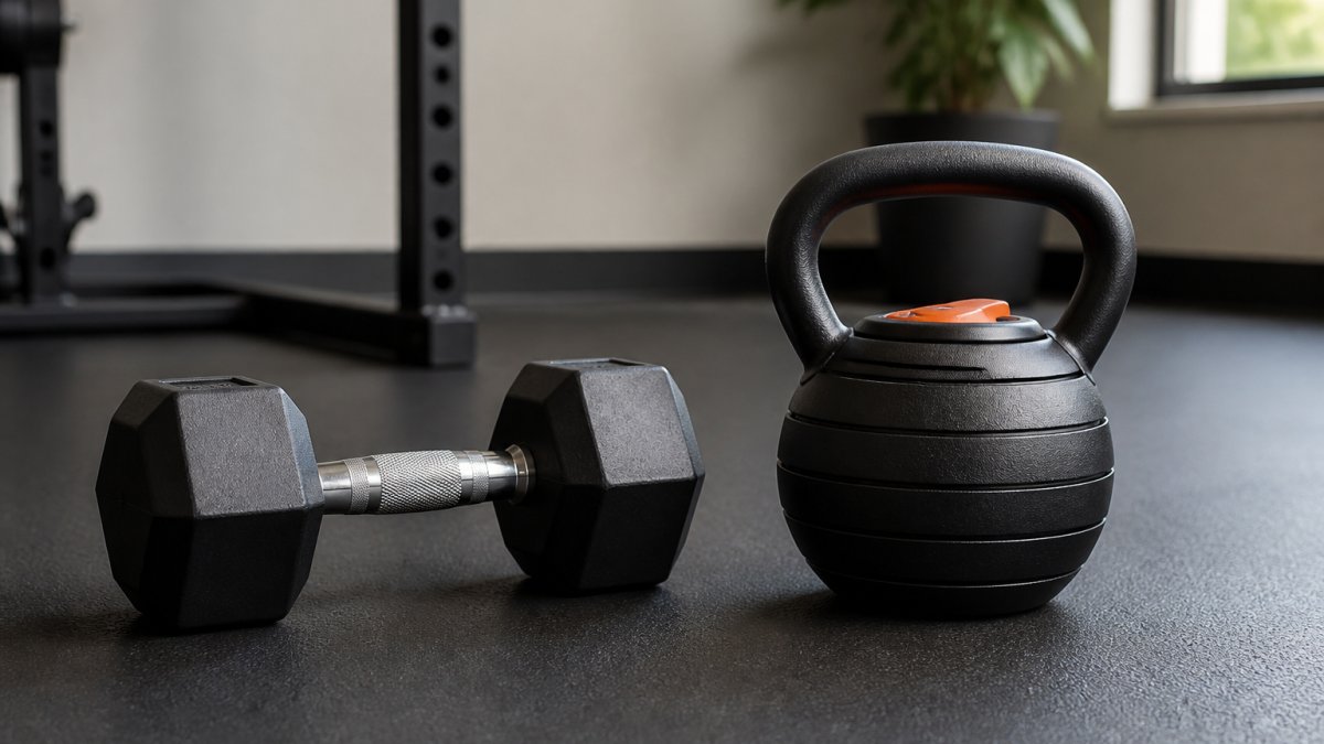A rubber hex dumbbell and an adjustable kettlebell resting on a gym floor mat in a sunlit home fitness space.