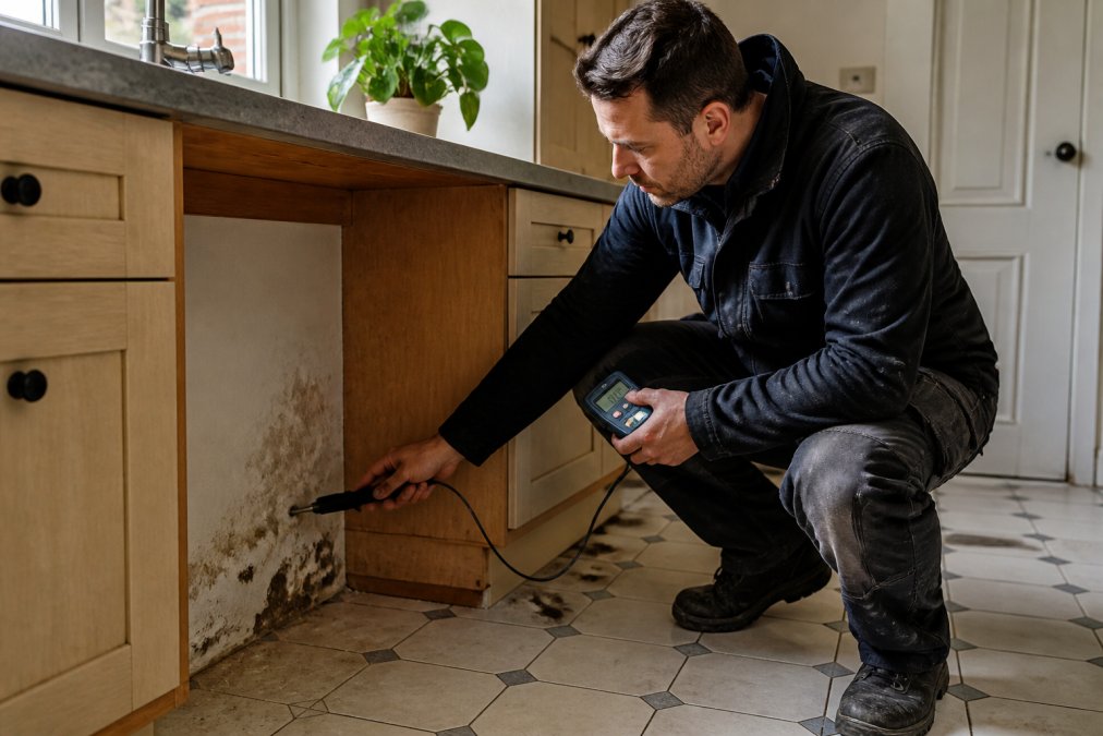 Ervaren aannemer inspecteert vochtproblemen onder keukenkastjes met meetapparatuur en vochtmeter in een klassieke Antwerpse huiskeuken met natuurlijk daglicht