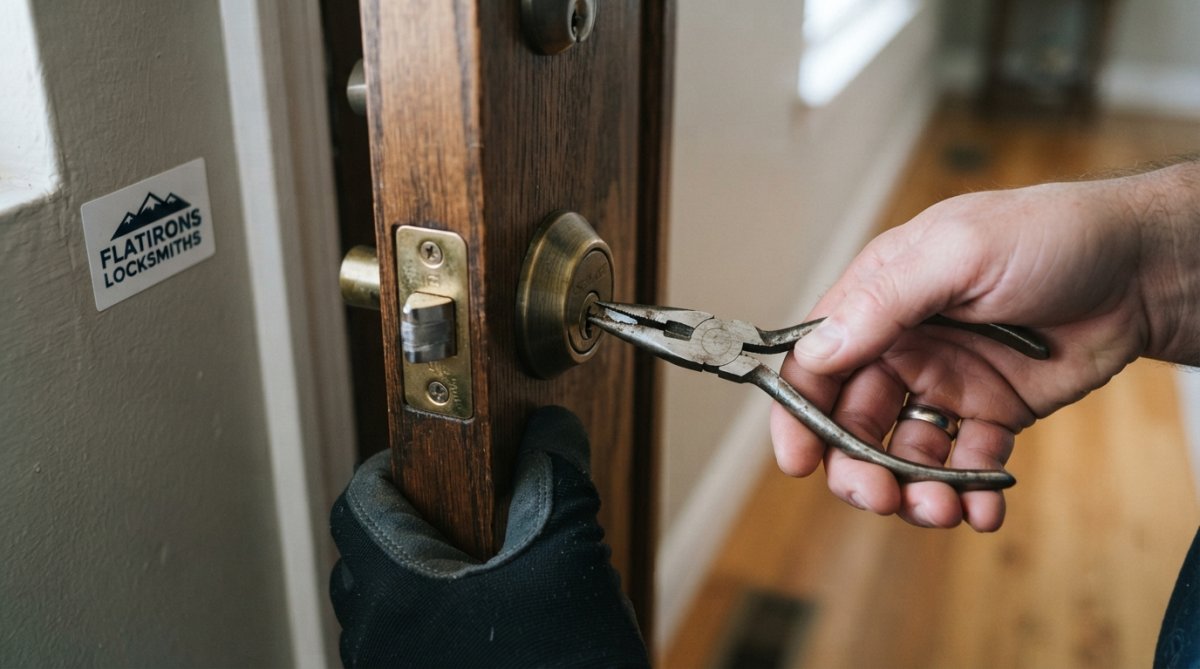 Diagram showing how to use needle-nose pliers to remove a key breaks in lock fragment from a deadbolt cylinder.