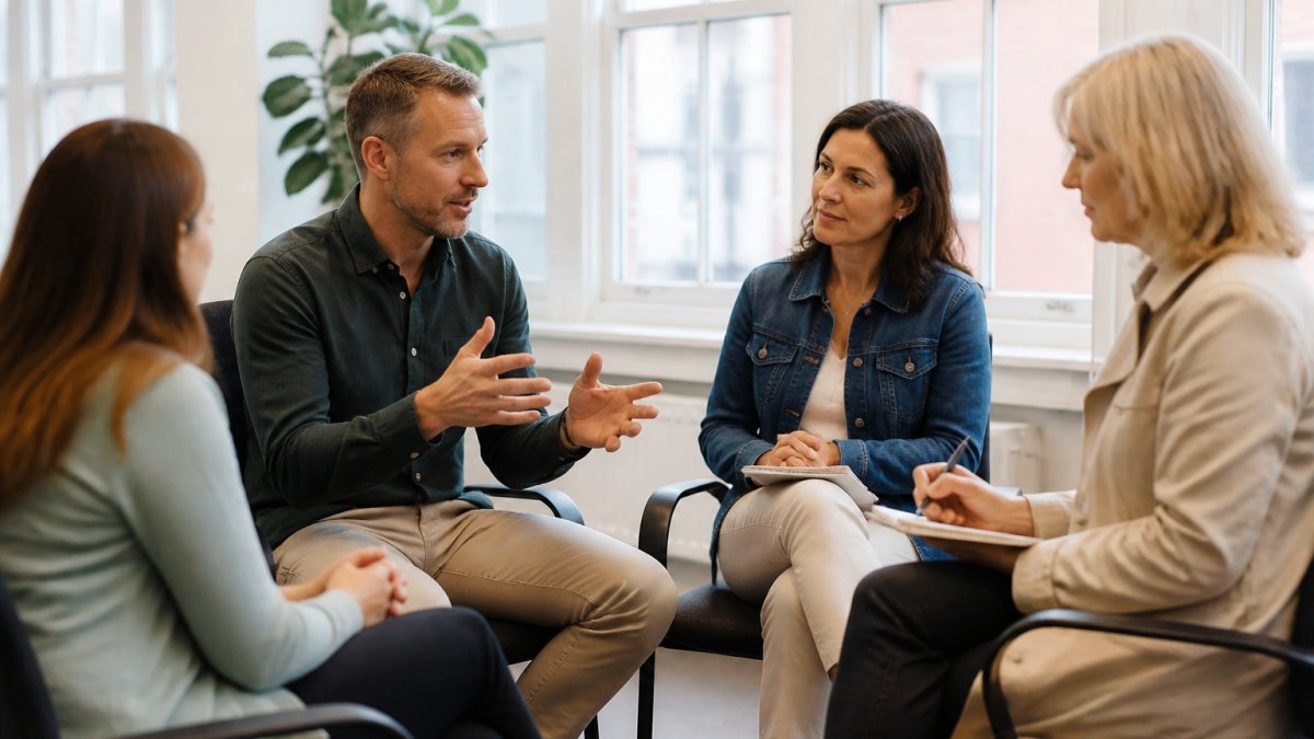 A small group of managers in a bright meeting room practising a role-play conversation, one person speaking while a facilitator observes and takes notes