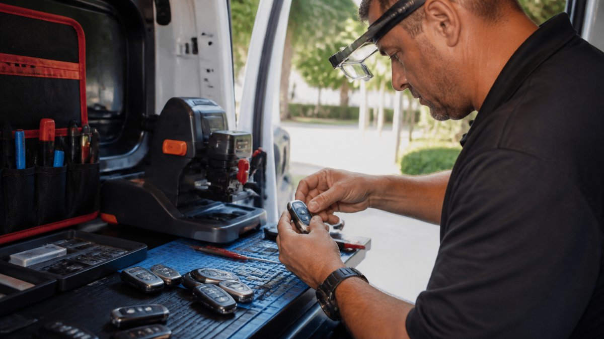 Professional automotive locksmith using specialized programming equipment on a car key fob at a mobile workstation, hands carefully working with diagnostic tools and replacement fobs