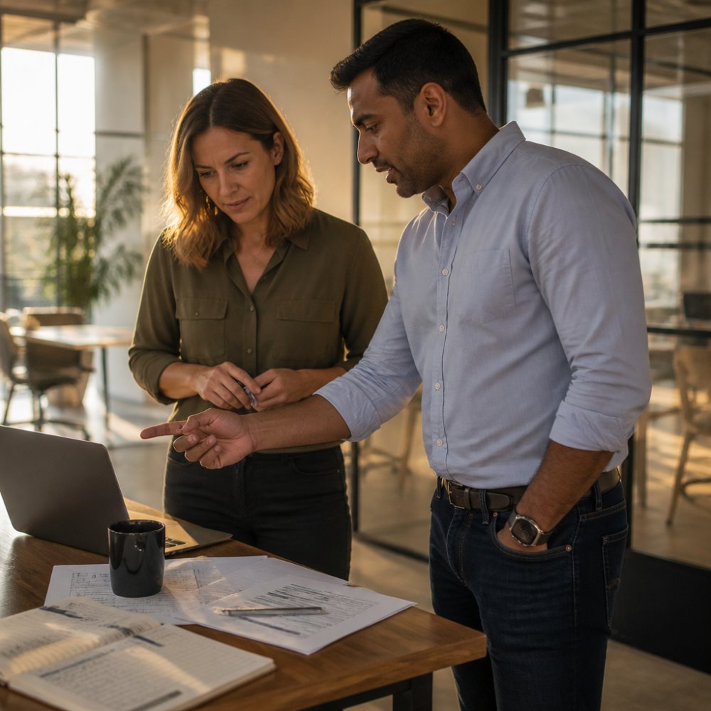 A sales manager and an external outbound team lead reviewing a performance dashboard on a laptop in a bright modern meeting room, printed call notes and a notebook on the table
