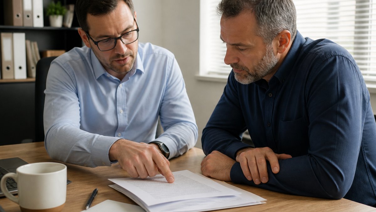Two business owners reviewing insurance documents together at a desk in a small office, one pointing at a policy page, natural window light through blinds