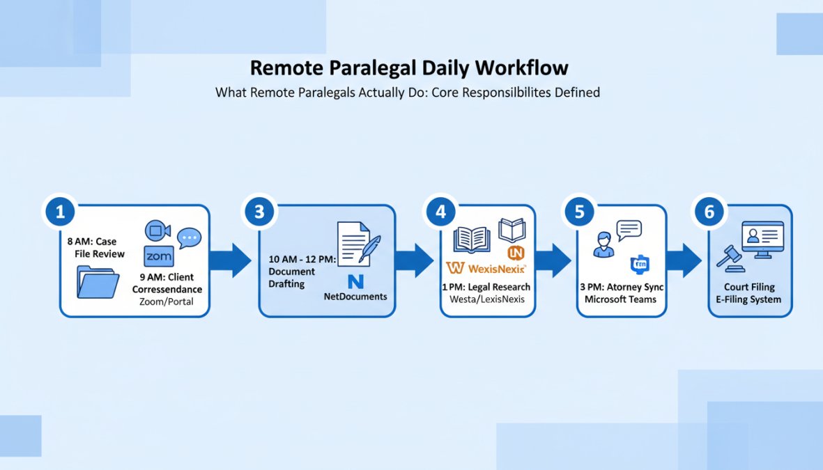 Flowchart showing remote paralegal daily workflow: 8am case file review, 9am client correspondence via Zoom/portal, 10am-12pm document drafting in NetDocuments, 1pm legal research on Westlaw/LexisNexis, 3pm attorney sync via Microsoft Teams, 4pm court filing via e-filing system