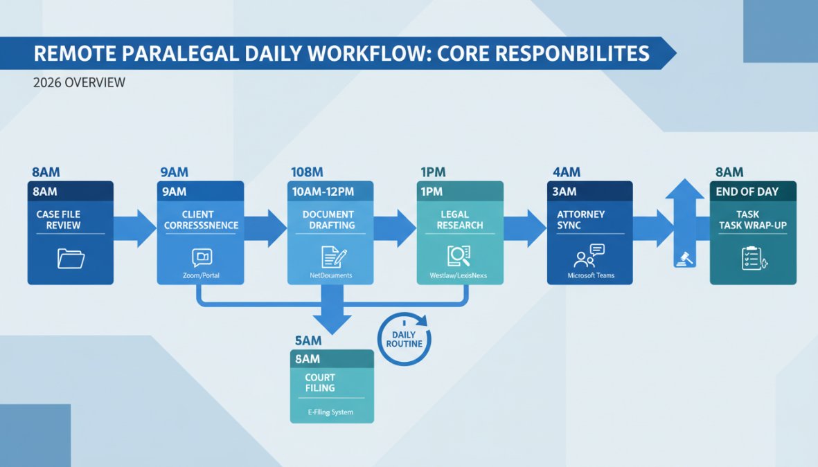 Professional illustration showing key responsibilities of remote paralegals