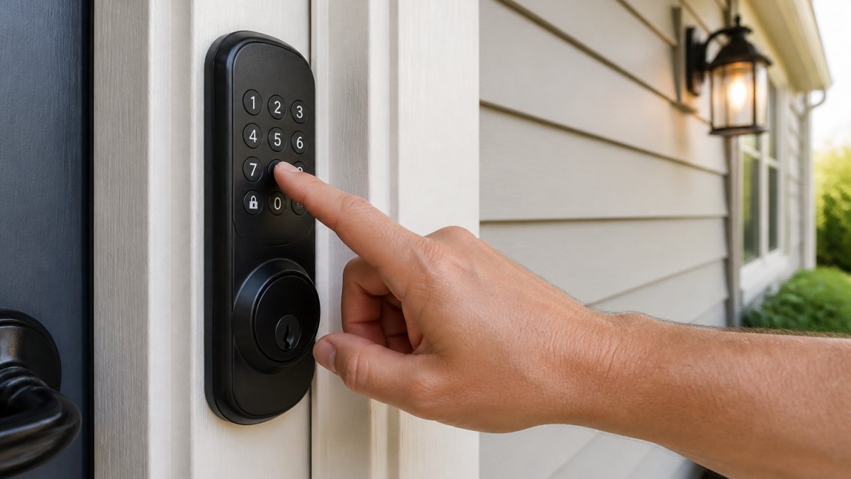 Close-up of a hand entering an access code on a modern keypad door lock mounted on a residential door frame, with natural daylight illuminating the numbered buttons