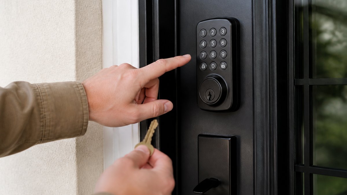 Homeowner holding a brass key while reaching toward a modern keyless entry deadbolt on a front door.