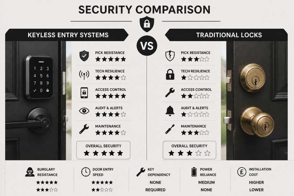 Professional demonstrating keyless entry systems vs traditional keyed locks side by side on a residential door, showing modern keypad and brass deadbolt in natural daylight