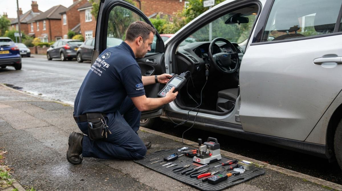 Professional locksmith in uniform using diagnostic equipment to programme a replacement car key on-site at a vehicle, with the car door open and tools visible on a work mat