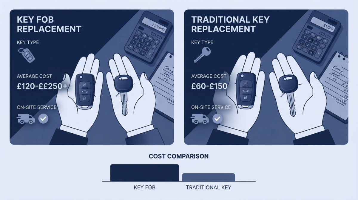 Close-up of a person's hands holding a car key fob and a traditional car key side by side, with a calculator and notepad showing cost estimates in the background