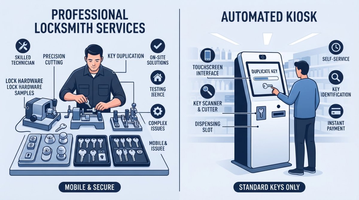 Side-by-side comparison showing a professional locksmith workbench with precision cutting equipment, testing jigs, and lock hardware samples, versus a kiosk machine in a retail setting