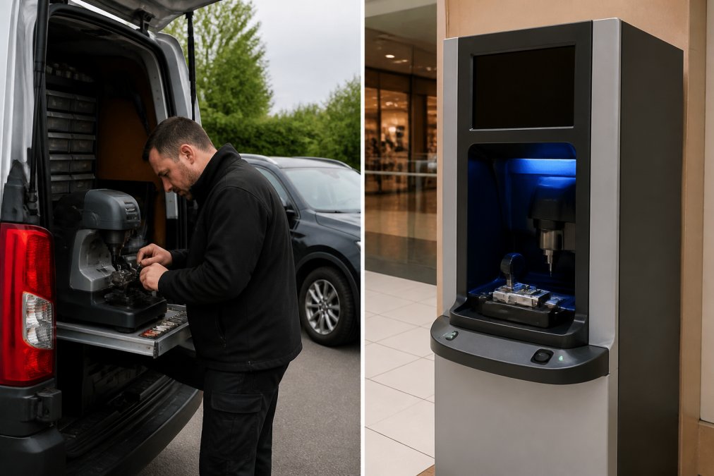 Professional mobile locksmith technician at a van equipped with specialised key-cutting and programming equipment, working on a car key whilst a customer's vehicle sits nearby in natural daylight