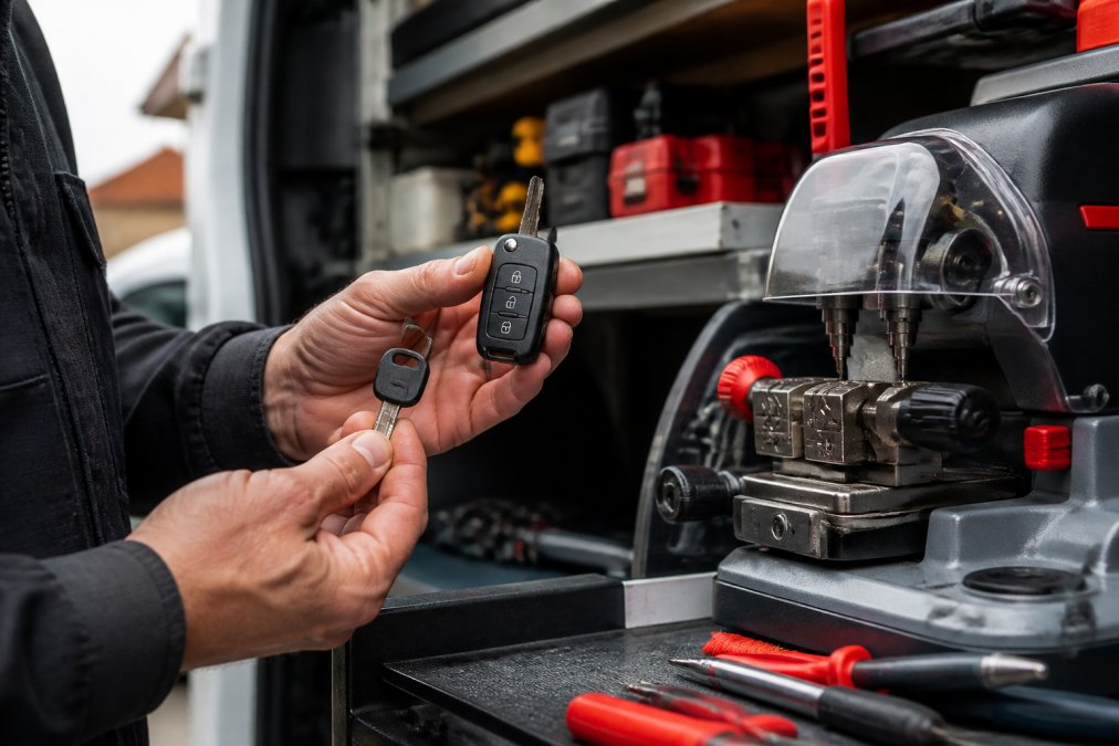 Close-up of a professional locksmith's hands holding a modern smart key fob and a transponder key blank, with diagnostic programming equipment and key-cutting tools visible on the work surface in a mobile service vehicle