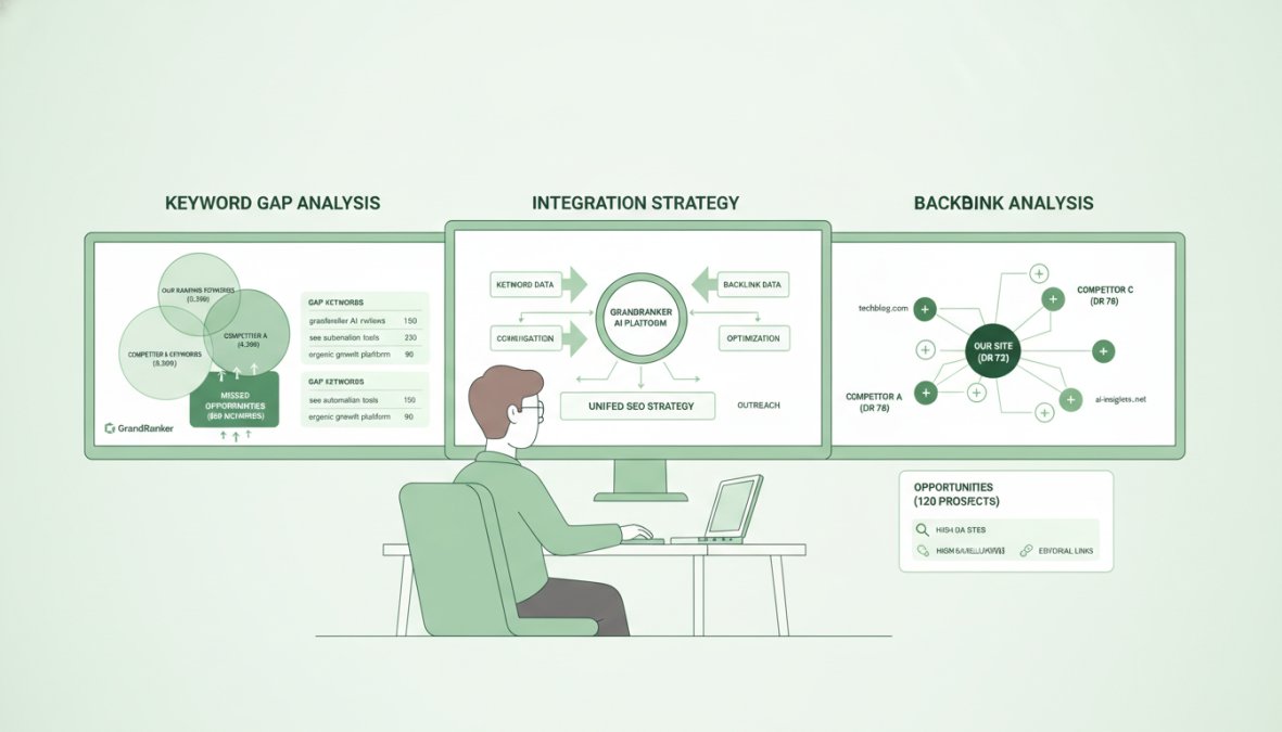 Digital marketer at desk with multiple monitors displaying SEO dashboards and competitive analysis data side-by-side, showing keyword gaps overlaid with backlink opportunities and link prospects