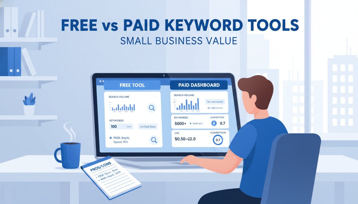 A small business owner sitting at a desk comparing two browser tabs on a laptop, one showing a free tool and one showing a paid SEO dashboard, with a notepad and coffee nearby