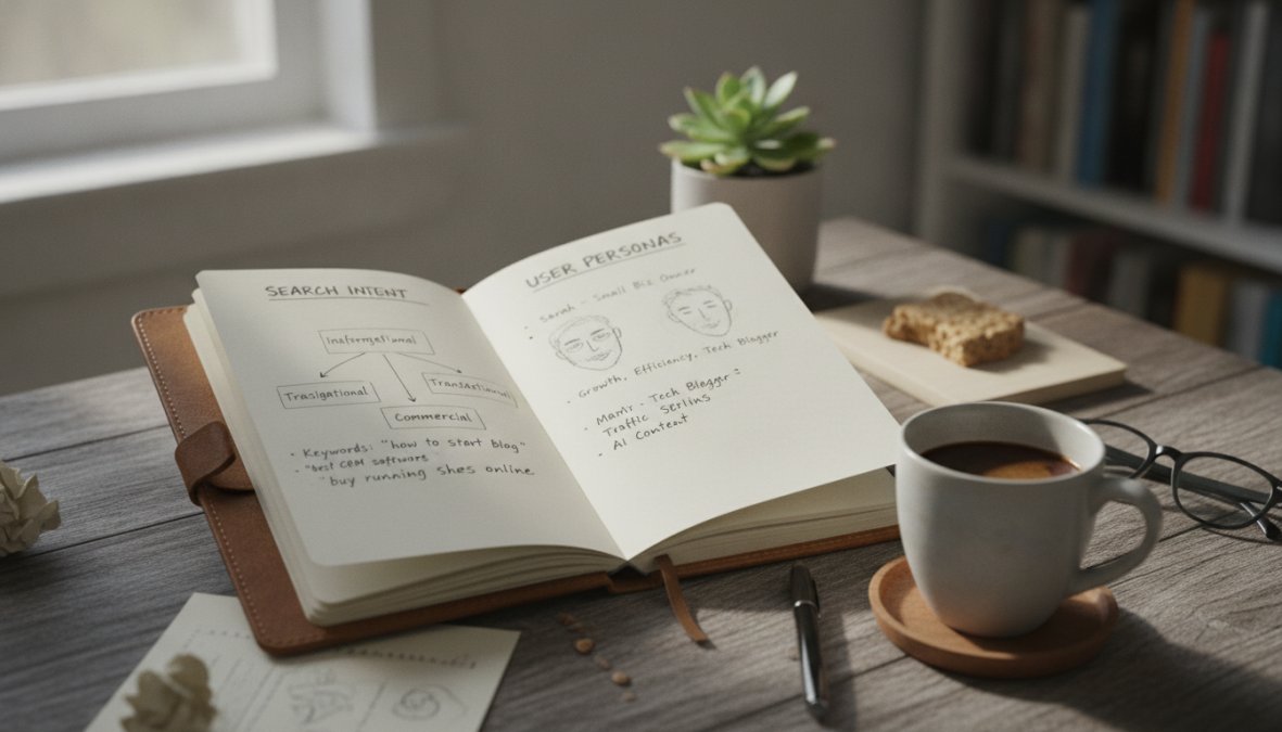 A digital marketer sitting at a desk reviewing search analytics on dual monitors with a notebook and coffee nearby, focused on analyzing data