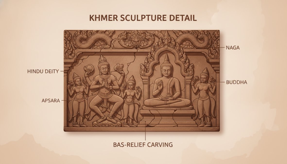 Close-up of an ancient Khmer stone relief sculpture showing intricate bas-relief carving with Hindu and Buddhist iconographic details, displaying weathered sandstone surface with deep shadows cast by carved elements