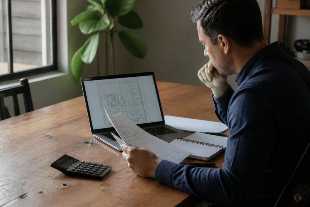 Real estate investor in business casual attire sitting at wooden desk reviewing loan documents and construction blueprints on laptop screen, with calculator and notepad visible, natural window lighting from side