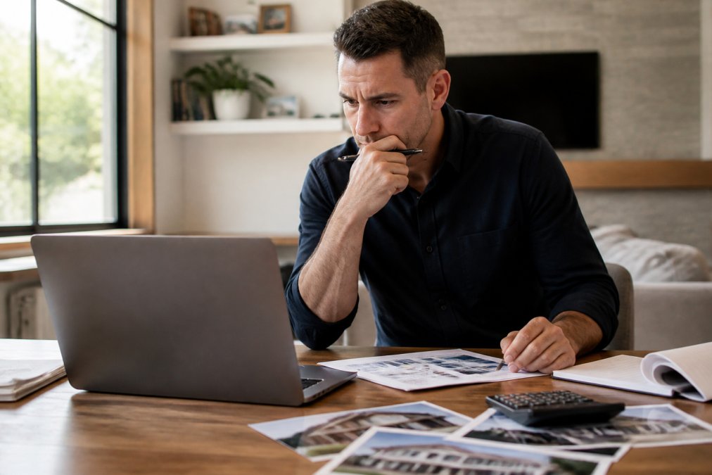 A real estate investor at a desk reviewing loan documents on a laptop, with a calculator and property photos spread across the table in a bright home office