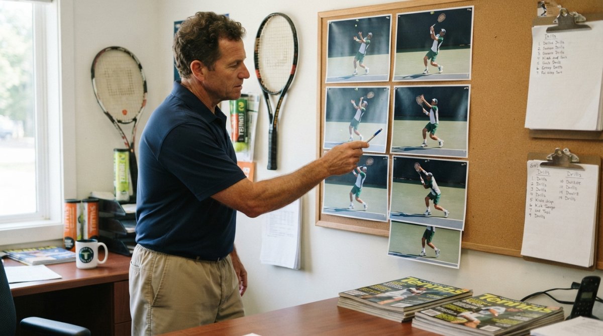 Professional tennis player mid-kick serve with knee deeply bent, racket head accelerating upward behind head, left shoulder pointing toward net, demonstrating the explosive vertical swing path and pronation