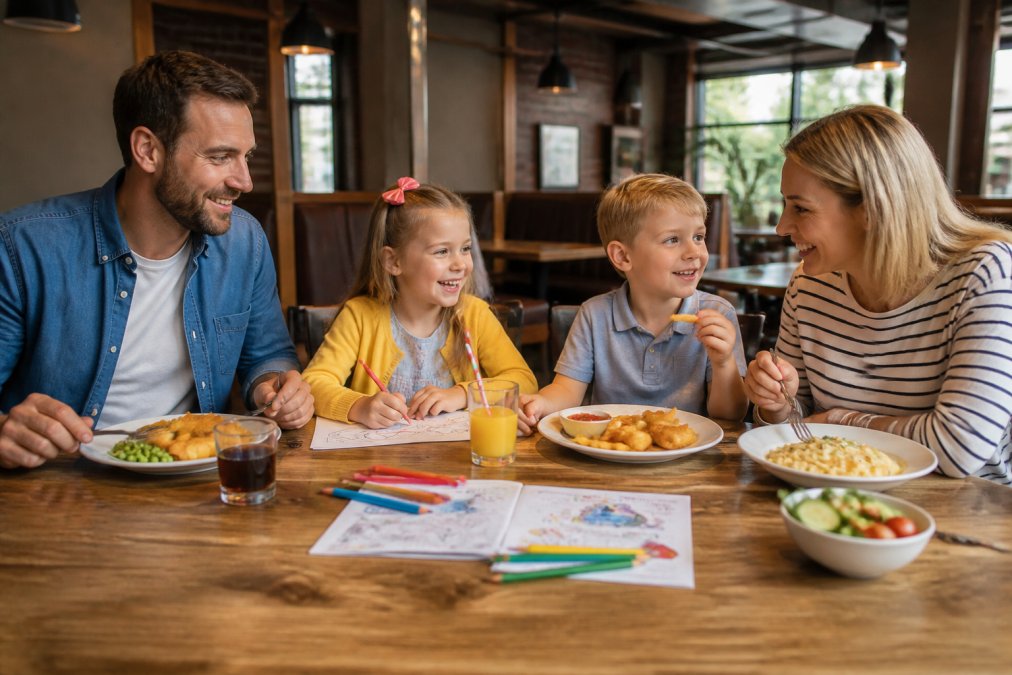 Family with two children seated at a restaurant table enjoying children's meals and activity packs, smiling and chatting over their meal in a warm, welcoming dining space