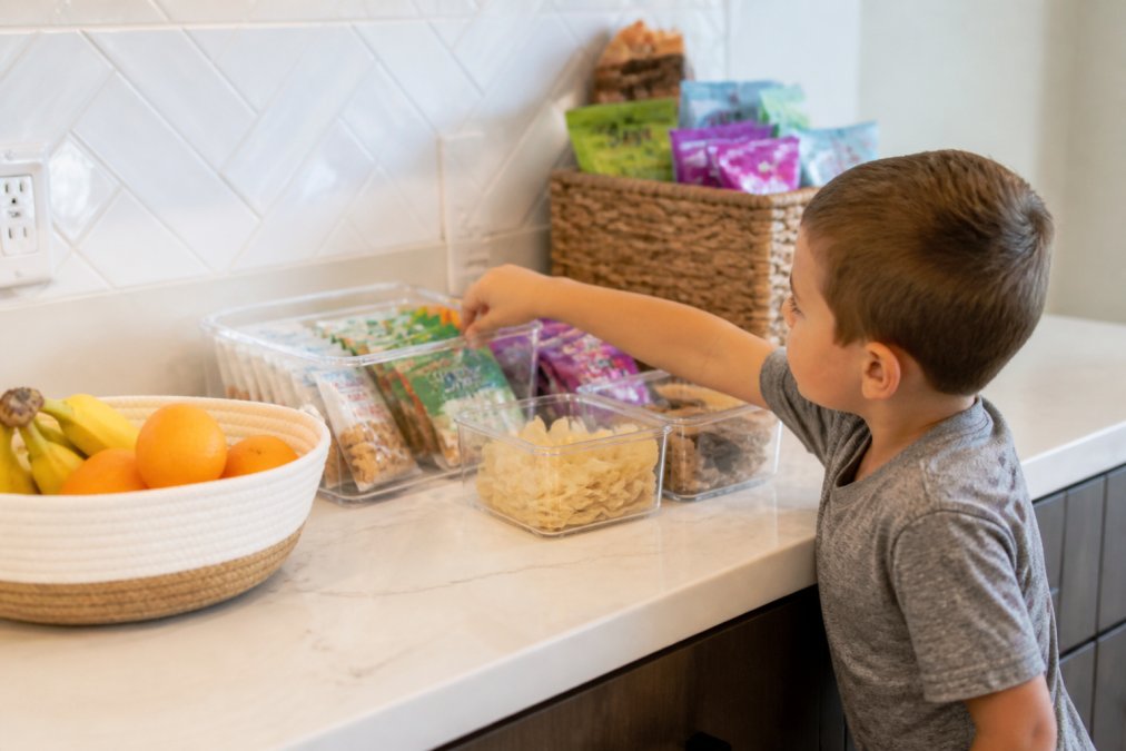 A young child selects a treat from an organized kitchen snack station with clear bins and labeled containers.