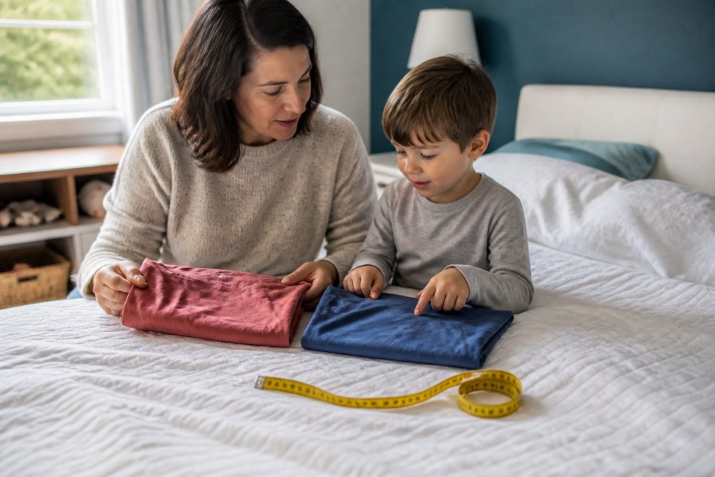 A parent and young child in a bright bedroom comparing two folded kids' t-shirts, one soft and worn, one crisp and new, with a measuring tape on the bed