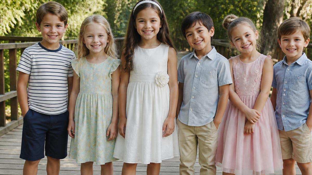 Children wearing casual and special-occasion outfits in natural daylight, showing style variety and fit
