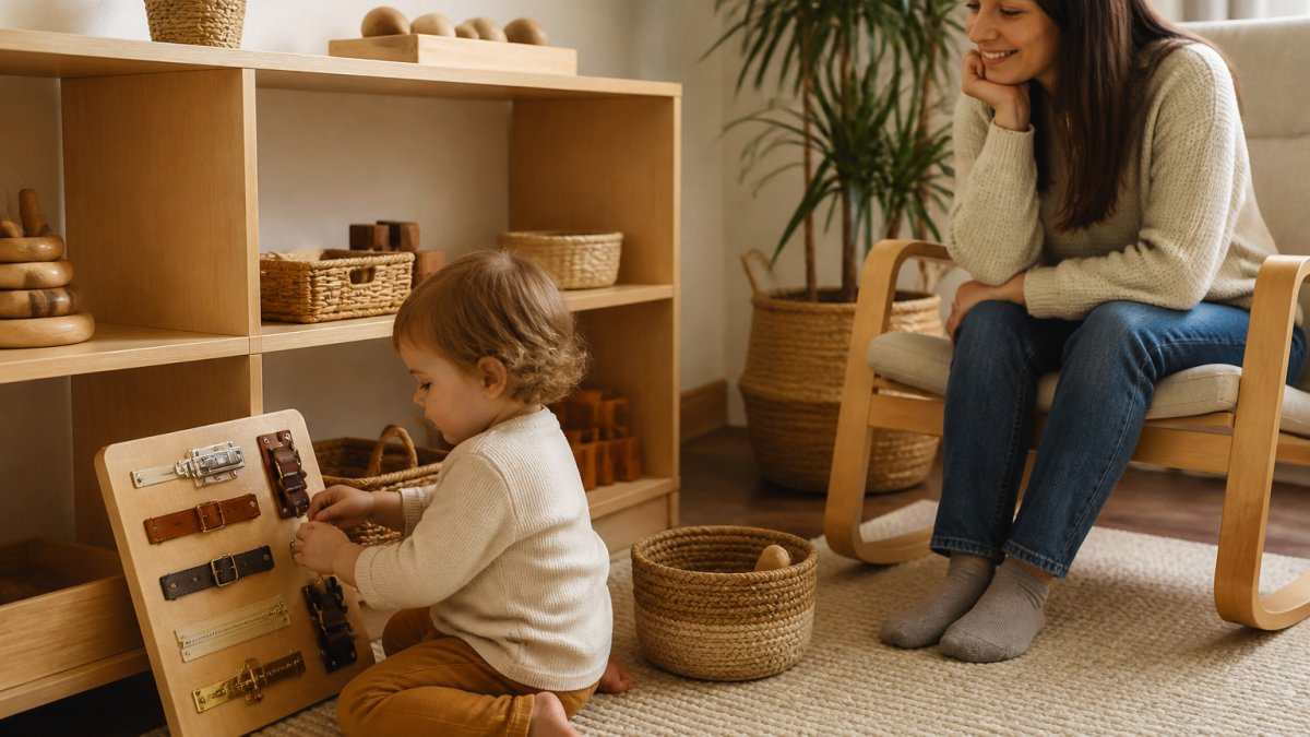 Toddler playing with a wooden sensory board on a low shelf as a parent watches from a nearby armchair.