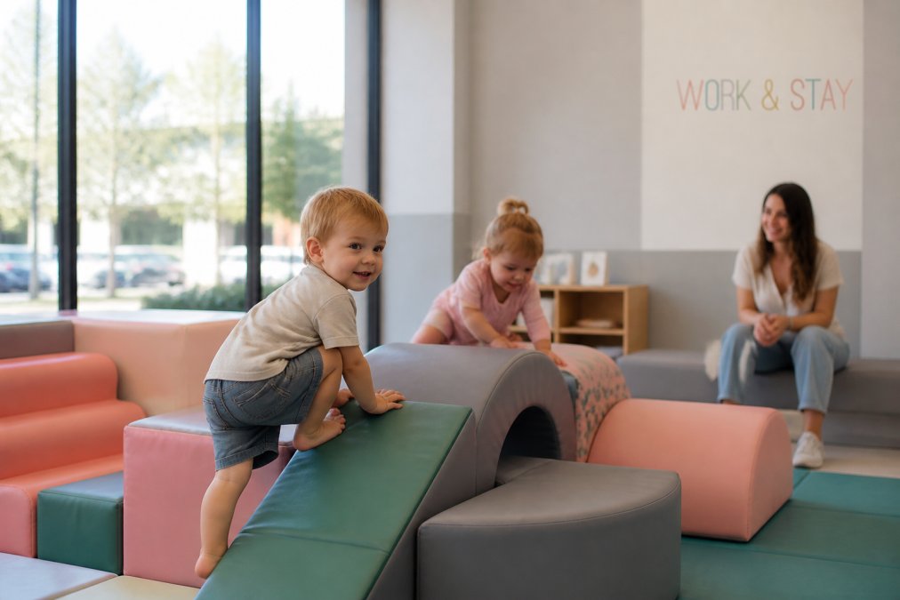 A bright indoor play space with toddlers climbing soft foam blocks while a parent watches from a nearby bench, sunlight streaming through large windows