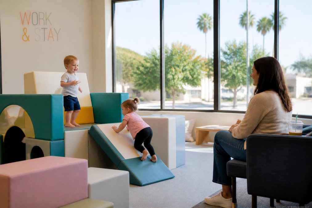 Toddlers climbing on soft foam structures at one of the best indoor birthday party venues with parents watching nearby.
