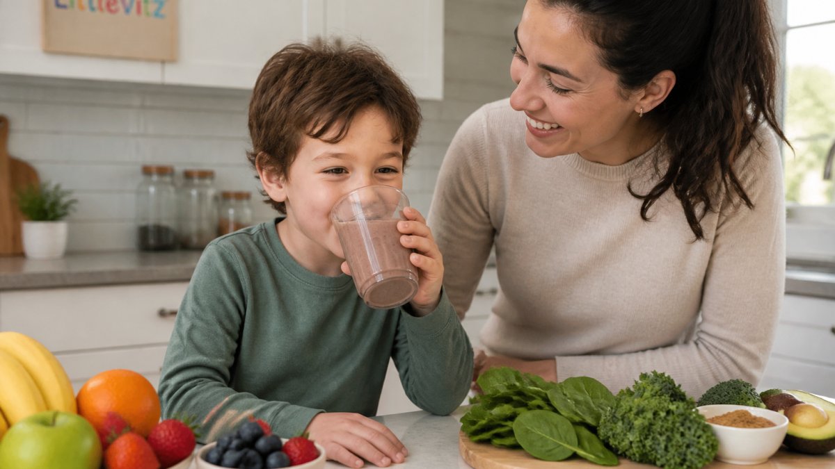 Parent and child smiling in a bright kitchen while drinking a healthy chocolate smoothie with fresh fruit nearby