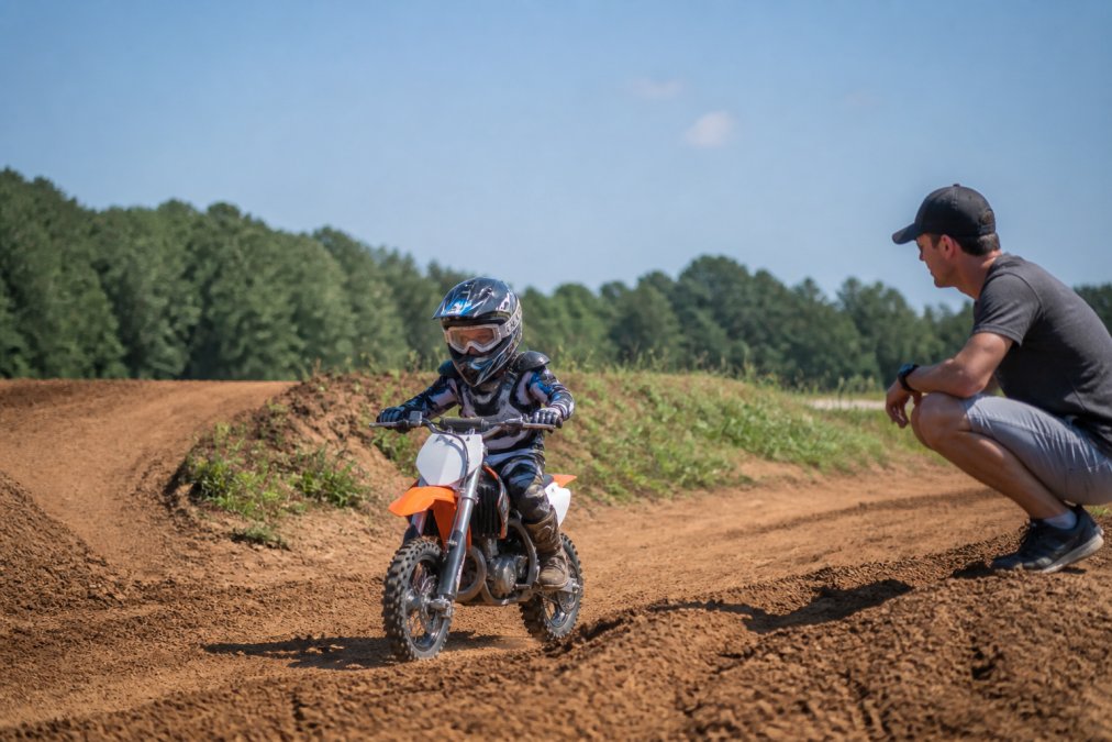 Young child in full safety gear riding a small 50cc dirt bike on a groomed beginner track, with parent watching from the sidelines