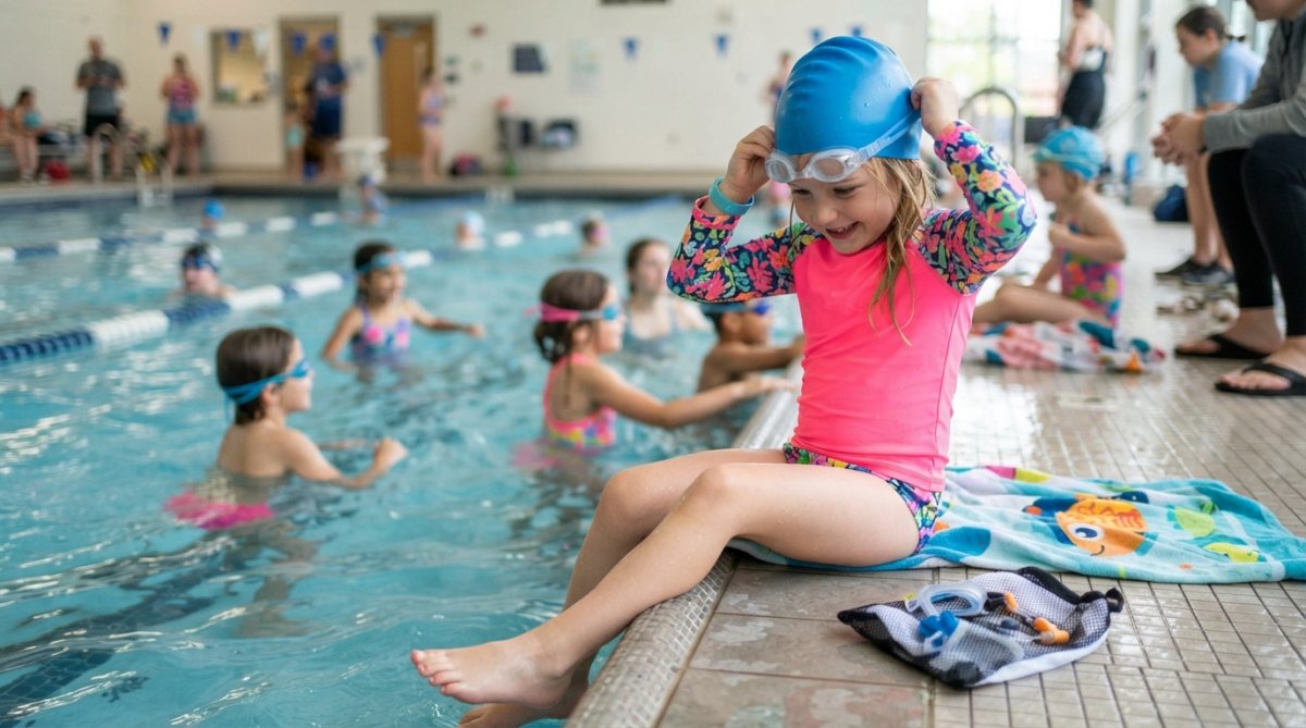 Child wearing properly fitted anti-fog goggles and bright-colored swim cap at poolside, smiling with water visible in background
