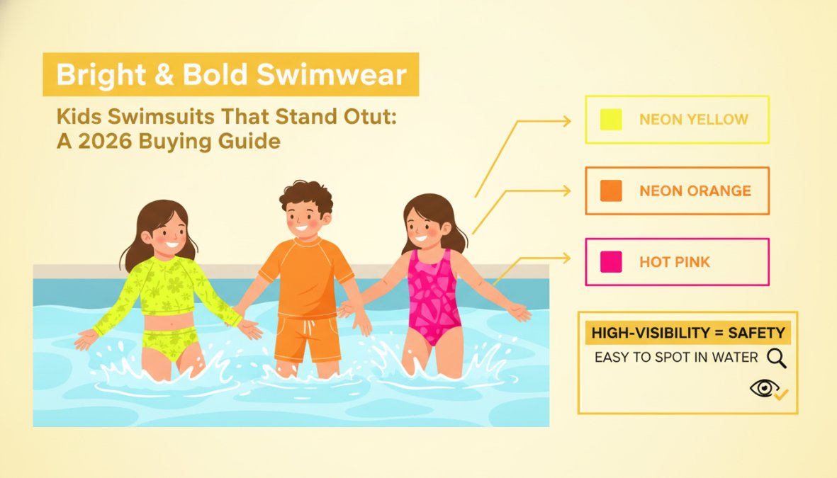 Children wearing bright neon yellow, hot pink, and electric orange swimsuits playing together in a pool, showing clear visibility against the blue water and surrounding deck